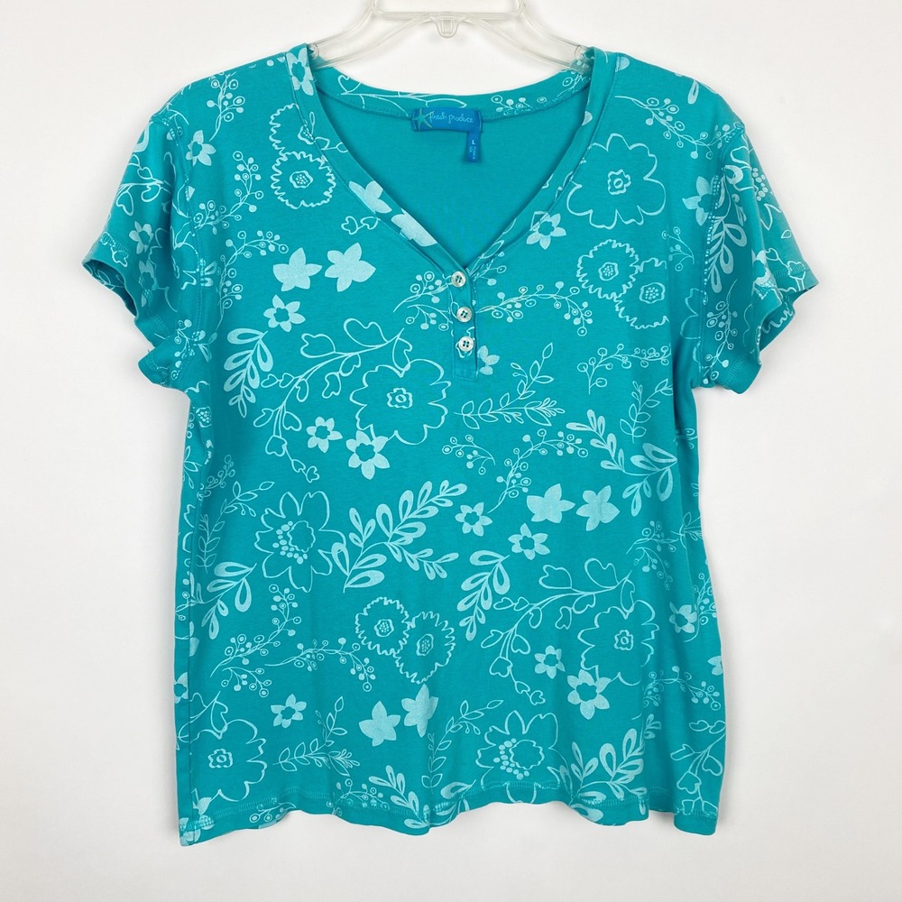 Fresh Produce Teal Floral Short Sleeve Tee. Sz L.
